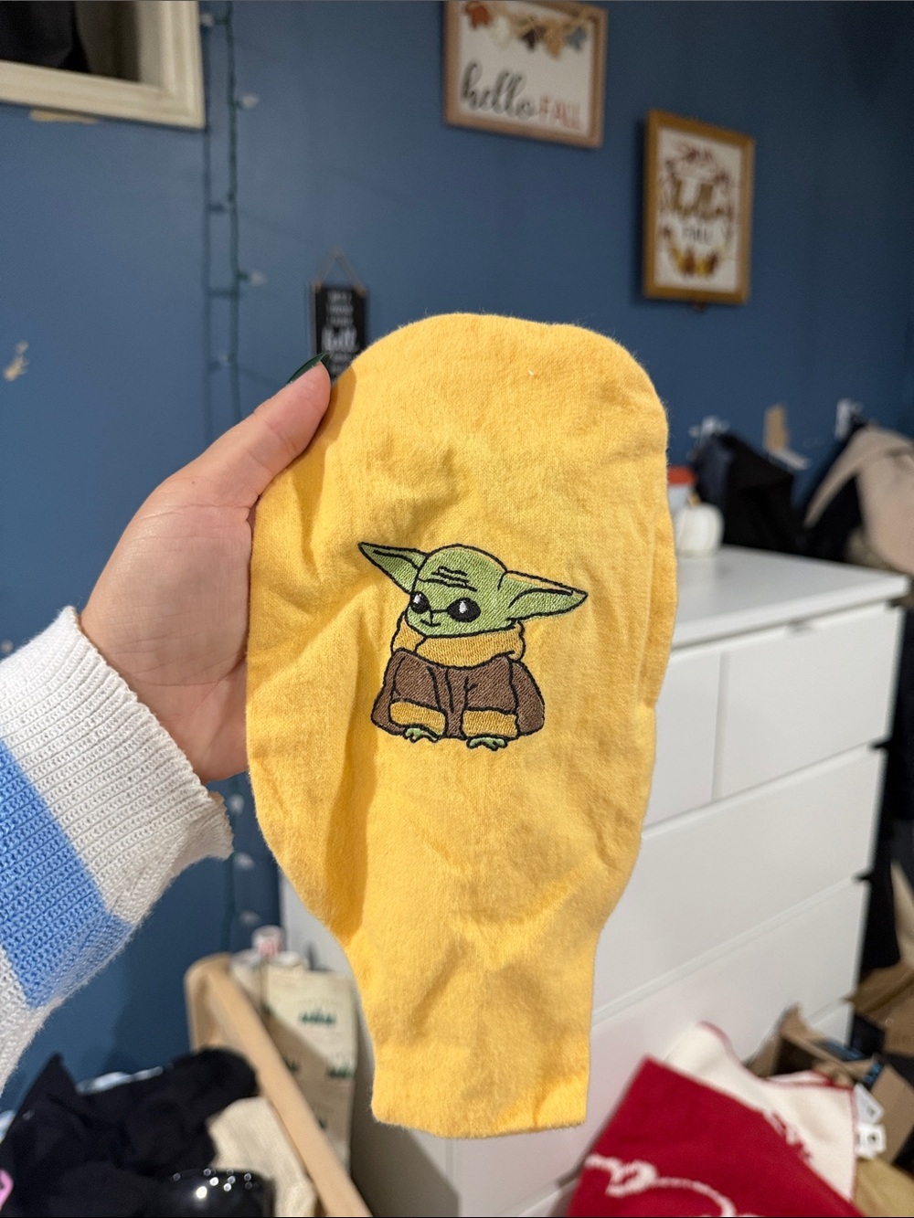 Yellow ostomy bag cover baby yoda